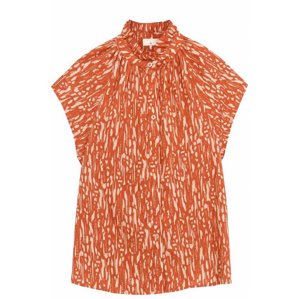 Pinch Ruffle Neck Blouse Womens Medium Coral White Abstract Cap Sleeve Cotton